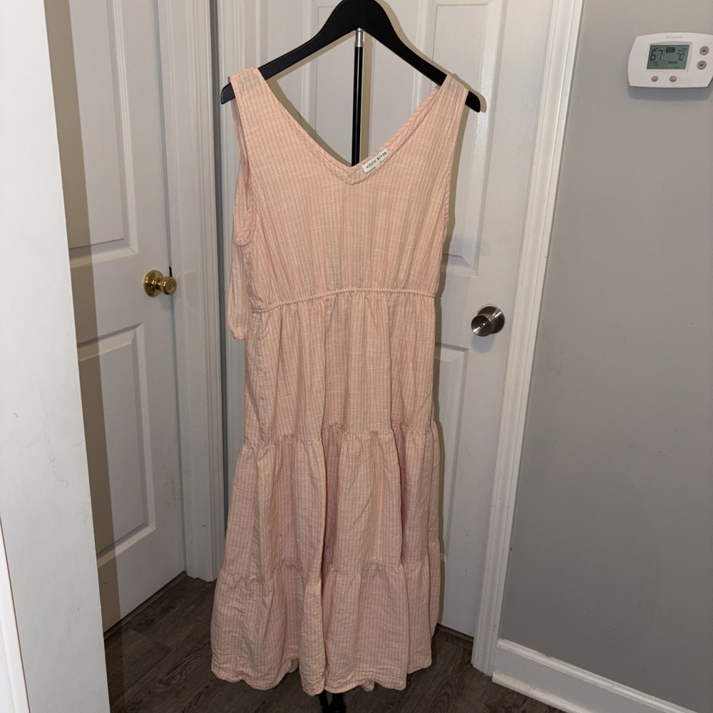 Moon River Peach Striped Maxi Dress Large Seersucker texture Prairie Cottagecore